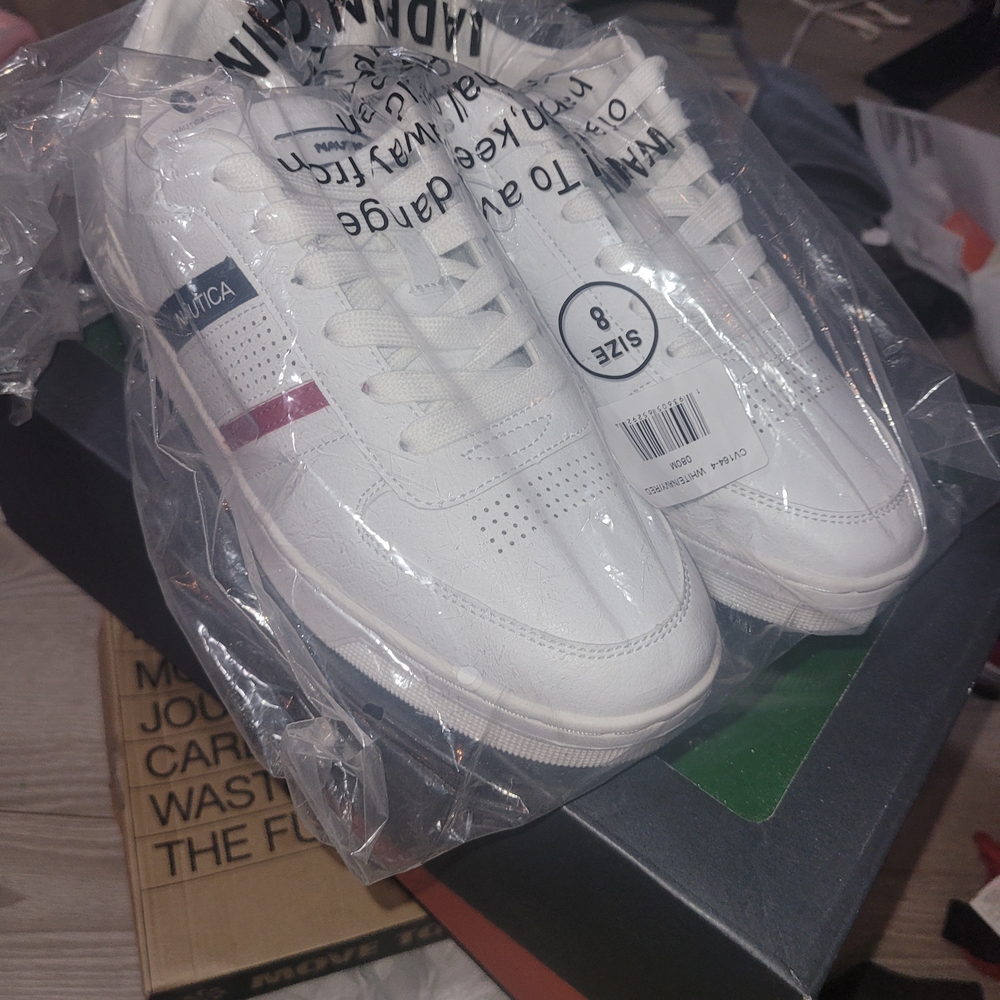 Nautica Men's White Leather Sneakers with Navy & Red Stripes - Picture 6 of 7